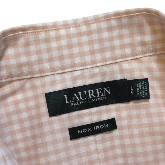 Lauren Ralph Lauren Women's Size LARGE Peach Gingham Button Down Shirt Non Iron - Picture 8 of 10